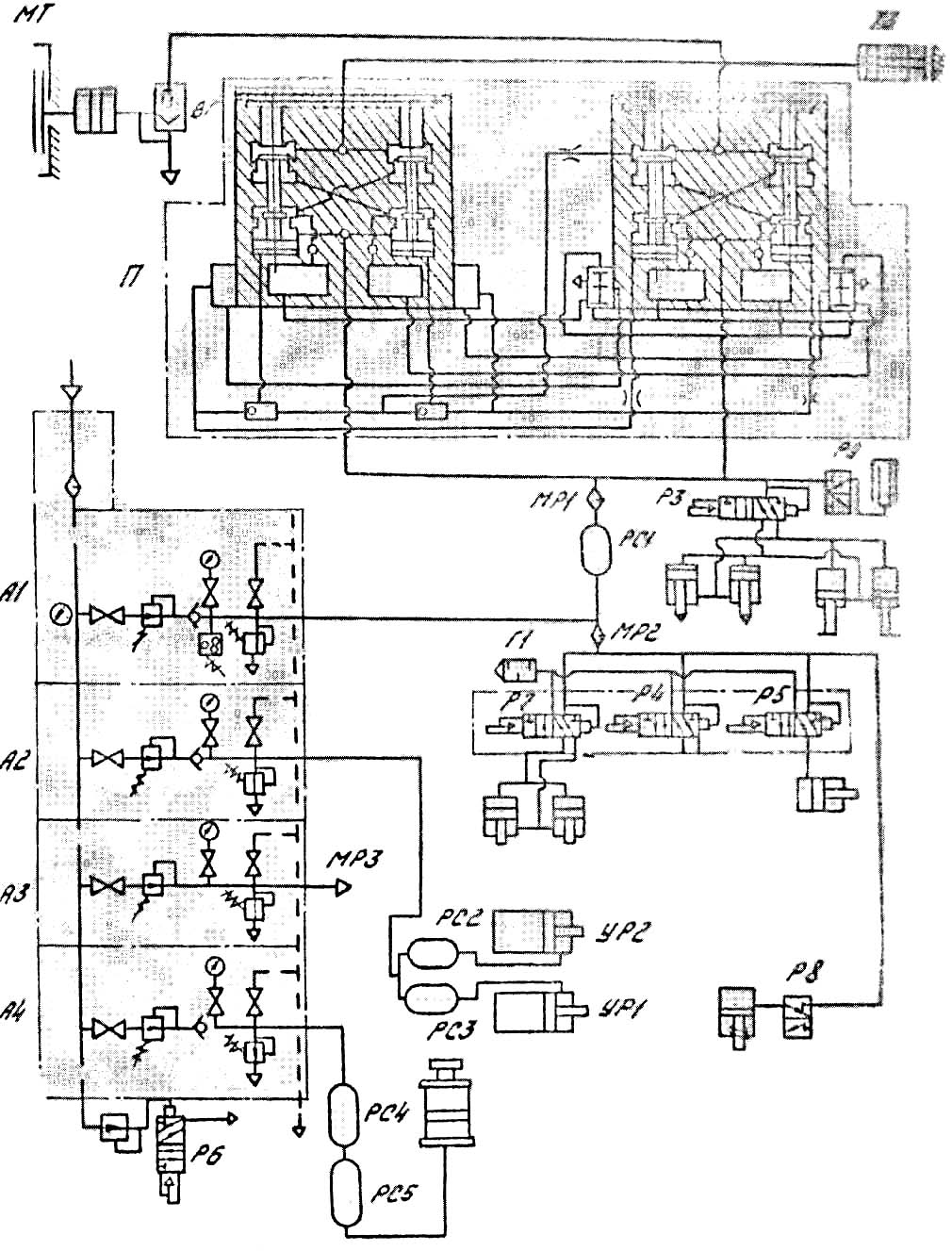 Схема пневматическая принципова однокривошипного пресса КД2134 открытого ненаклоняемого пресса